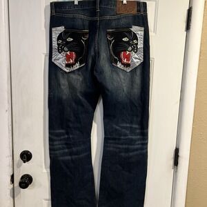 Vintage Ed Hardy Panther Embroidered Jeans Men's‎ Size 38 X 32- Button Fly